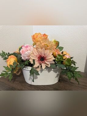 Vtg. Peach Floral Arrangement in White Wood Basket  - Home Accents